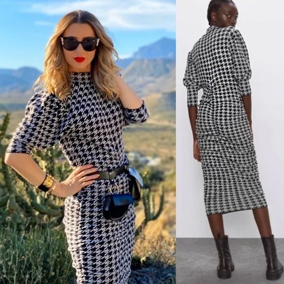 ZARA Black & White Houndstooth Jacquard Draped Wiggle Knit Midi Dress NWT Size S - Picture 7 of 12